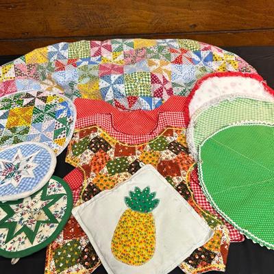 Vintage Hand Sewn Table Cover, Pot Holders and More!
