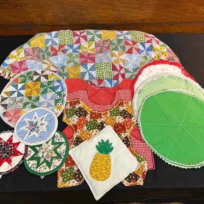 Vintage Hand Sewn Table Cover, Pot Holders and More!