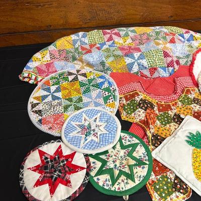 Vintage Hand Sewn Table Cover, Pot Holders and More!