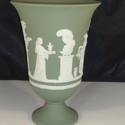 Wedgwood Jasperware Flared Top Pedestal Arcadian Vase- White on Celadon (DR)