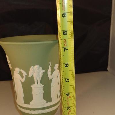 Wedgwood Jasperware Flared Top Pedestal Arcadian Vase- White on Celadon (DR)