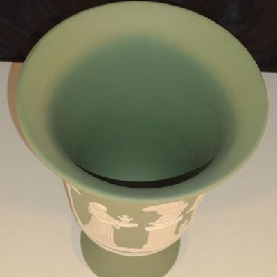 Wedgwood Jasperware Flared Top Pedestal Arcadian Vase- White on Celadon (DR)