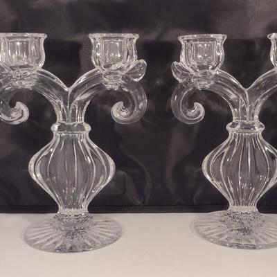 Pair Gus Khrustanly Style Vintage Double Arm Tulip Crystal Candelabra Candle Holders (DR)