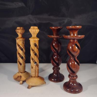 Two Pairs of Carved Wooden Hollow Twist Candlestick Holders