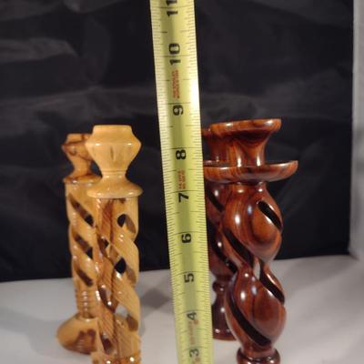 Two Pairs of Carved Wooden Hollow Twist Candlestick Holders