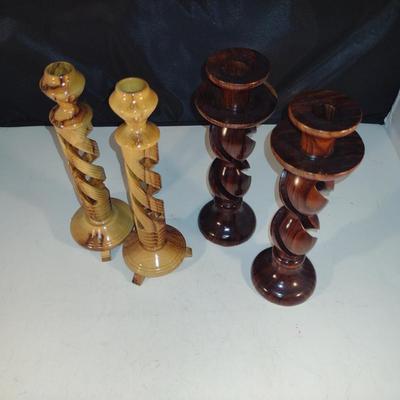 Two Pairs of Carved Wooden Hollow Twist Candlestick Holders