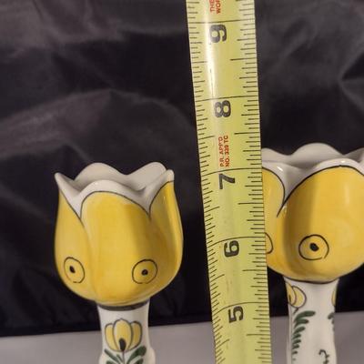 Pair of Delfts Holland Hand Painted Candlestick Holders- Tulip Design