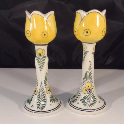 Pair of Delfts Holland Hand Painted Candlestick Holders- Tulip Design