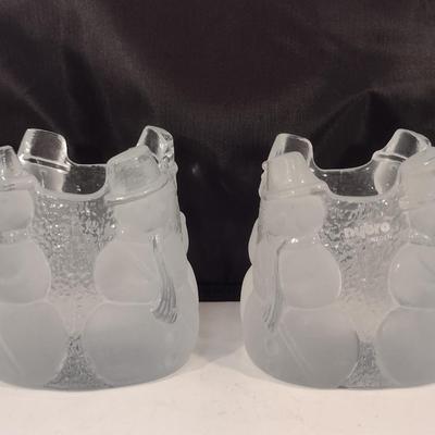Pair of Nybro Sweden Heavy Frosted Glass Snowman Design Candle Holders