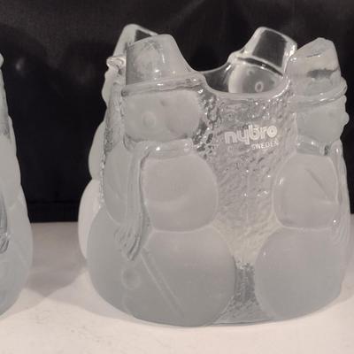 Pair of Nybro Sweden Heavy Frosted Glass Snowman Design Candle Holders