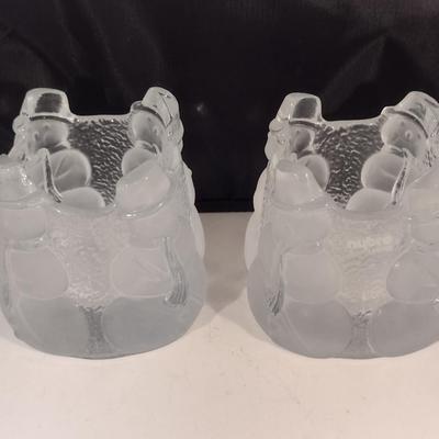 Pair of Nybro Sweden Heavy Frosted Glass Snowman Design Candle Holders