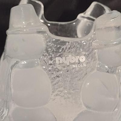 Pair of Nybro Sweden Heavy Frosted Glass Snowman Design Candle Holders