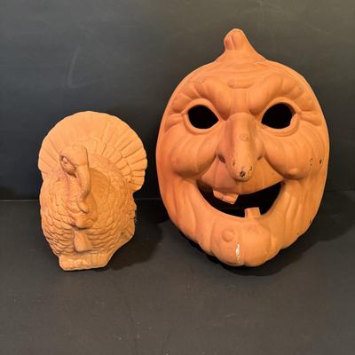 LOT 2:Terra Cotta Witch Head Lantern and Turkey