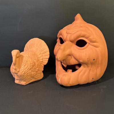 LOT 2:Terra Cotta Witch Head Lantern and Turkey