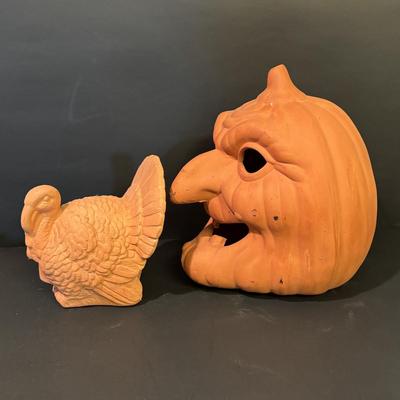 LOT 2:Terra Cotta Witch Head Lantern and Turkey