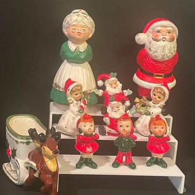 LOT::3 Christmas Figurines Santa and Mrs. Claus, Napco Ceramic Reindeer and Sleigh, Christmas Baby Figurines by Napcoware, Salt &...