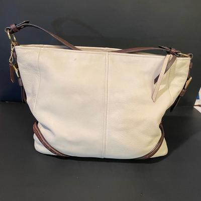 LOT::5 . Coach Beige Leather Hobo Style Handbag, and Orange Nylon Handbag by Dana Buchman