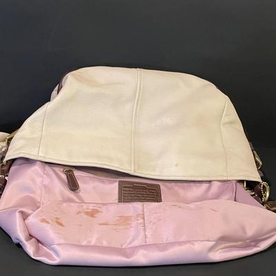 LOT::5 . Coach Beige Leather Hobo Style Handbag, and Orange Nylon Handbag by Dana Buchman