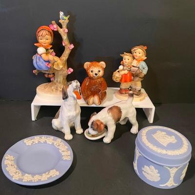 LOT::6 Pair of Adorable Hummels by Goebbel, Wedgewood Plate and Trinket Box, Ceramic Bear by Goebbel, and Porcelain Dogs Figurines