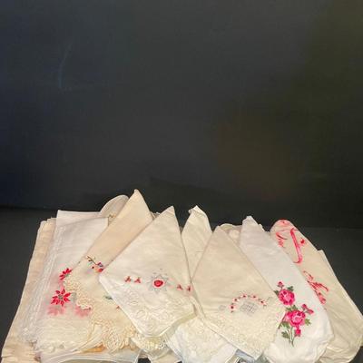 LOT: 7 Large Assortment of Vintage Embroidered Handkerchiefs, Silvertone Picture Frames, Variety of Hair Barrettes, and more...