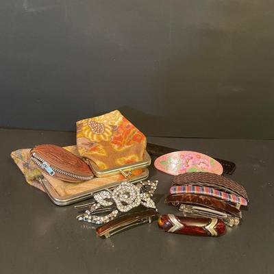 LOT: 7 Large Assortment of Vintage Embroidered Handkerchiefs, Silvertone Picture Frames, Variety of Hair Barrettes, and more...