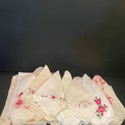 LOT: 7 Large Assortment of Vintage Embroidered Handkerchiefs, Silvertone Picture Frames, Variety of Hair Barrettes, and more...
