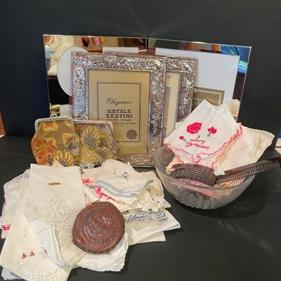 LOT: 7 Large Assortment of Vintage Embroidered Handkerchiefs, Silvertone Picture Frames, Variety of Hair Barrettes, and more...