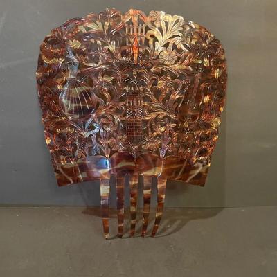 LOT::9. Vintage Spanish Faux Tortoise shell Mantilla Hair Comb, Exquisite, Spanish Themed Beige Silk Scarf, and Scalloped Edged Mantilla...