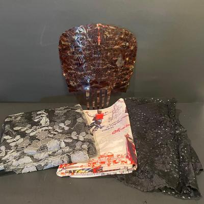 LOT::9. Vintage Spanish Faux Tortoise shell Mantilla Hair Comb, Exquisite, Spanish Themed Beige Silk Scarf, and Scalloped Edged Mantilla...
