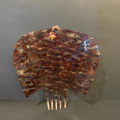 LOT::9. Vintage Spanish Faux Tortoise shell Mantilla Hair Comb, Exquisite, Spanish Themed Beige Silk Scarf, and Scalloped Edged Mantilla...