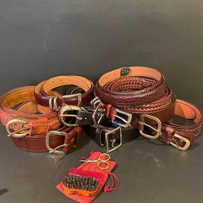 LOT:: 10. Large Assortment of Men’s Leather Belts (Sizes XL and 40-44) and Mustache Grooming Set