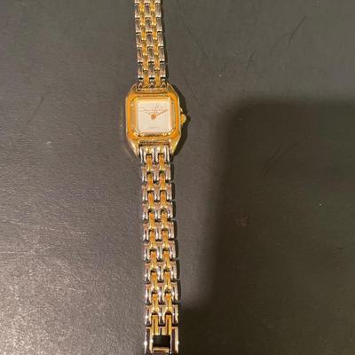 LOT 11: Oscar de la Renta Goldtone Quartz Ladies Wristwatch and Tote Umbrella, Beige Striped Umbrella With Wooden Handle by Neyra, and...