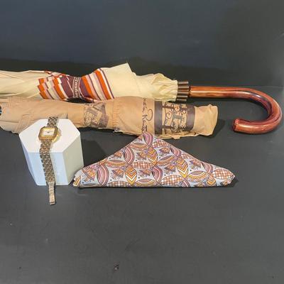 LOT 11: Oscar de la Renta Goldtone Quartz Ladies Wristwatch and Tote Umbrella, Beige Striped Umbrella With Wooden Handle by Neyra, and...