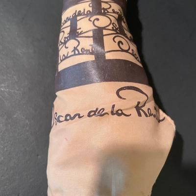 LOT 11: Oscar de la Renta Goldtone Quartz Ladies Wristwatch and Tote Umbrella, Beige Striped Umbrella With Wooden Handle by Neyra, and...