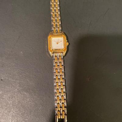 LOT 11: Oscar de la Renta Goldtone Quartz Ladies Wristwatch and Tote Umbrella, Beige Striped Umbrella With Wooden Handle by Neyra, and...