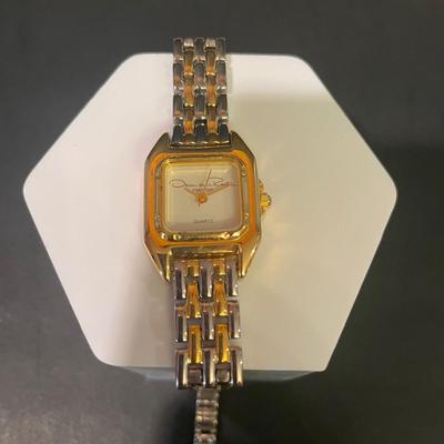 LOT 11: Oscar de la Renta Goldtone Quartz Ladies Wristwatch and Tote Umbrella, Beige Striped Umbrella With Wooden Handle by Neyra, and...