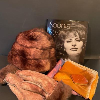 LOT: 12 Shearling Hat and Mittens, Sophia Loren Coffee Table Book, Vintage Brown Leather Powder Compact, and Silk Scarves