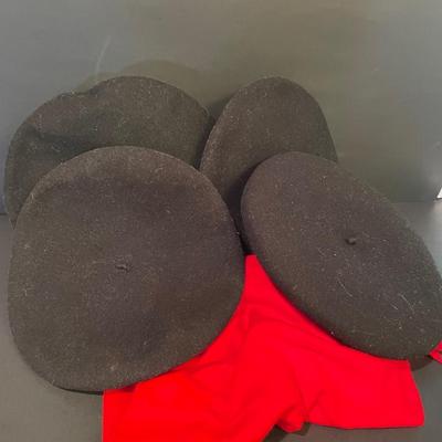 LOT::13 . Black Wool Berets by Mariquina and Elosequi with Red Cashmere Blend Scarf (Made in Scotland)