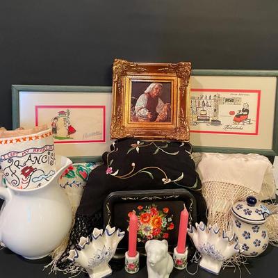 LOT:: 14 Pair of Vintage Elpa Alcobaca Bud Vases, Miniature Candle Holders, Beautiful Embroidered Shawls, and a charming Array of...