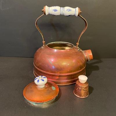 LOT 21: Copper Teapot, Large Hammered Copper Ladle, and Miscellaneous Copper Cookware (3 pc)