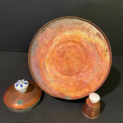 LOT 21: Copper Teapot, Large Hammered Copper Ladle, and Miscellaneous Copper Cookware (3 pc)