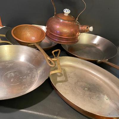 LOT 21: Copper Teapot, Large Hammered Copper Ladle, and Miscellaneous Copper Cookware (3 pc)