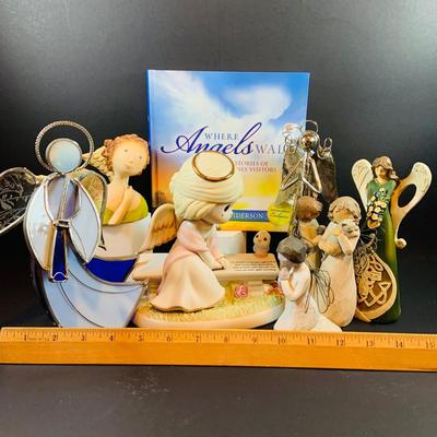 LOT 29: Angelic Collection of Figurines & Stain Glass Book- 2003 Demdaco Nancy Carter Angel, Precious Moments & more