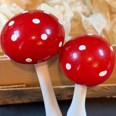 LOT 33: Vintage Glass Mushrooms Clip on Ornaments and Miniature Blown Glass Mushroom Ornaments