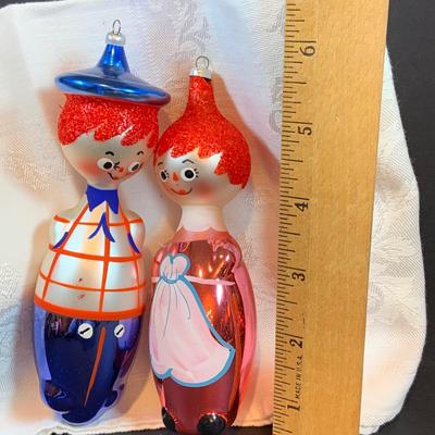 LOT:36: DeCarlini Blown Glass Ornaments Including Duck, Bears, Santas, Raggedy Ann & Andy Snowmen and More