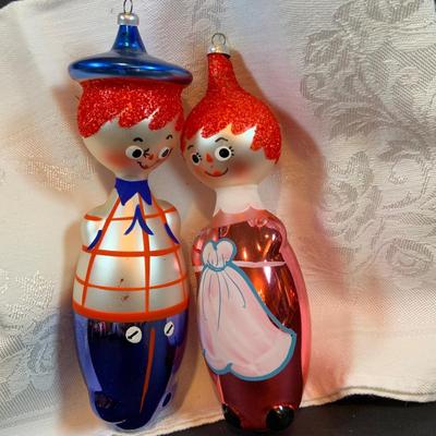 LOT:36: DeCarlini Blown Glass Ornaments Including Duck, Bears, Santas, Raggedy Ann & Andy Snowmen and More