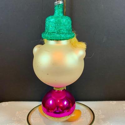 LOT:37: Collection of DeCarlini Blown Glass Ornaments Including Le Befana, Astropup, Mouse, Dutch Girl, soldier, Bird Angel, and Pierrot