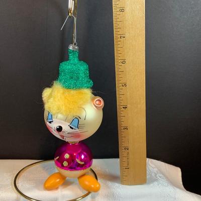 LOT:37: Collection of DeCarlini Blown Glass Ornaments Including Le Befana, Astropup, Mouse, Dutch Girl, soldier, Bird Angel, and Pierrot