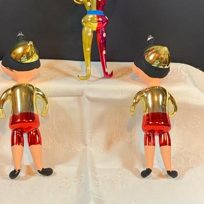 LOT 38: Hand Blown Glass Ornaments by Soffierian De Carlini Including Mighty Mouse, Squirrel, Pinocchio, Topo Gigio and Harlequin