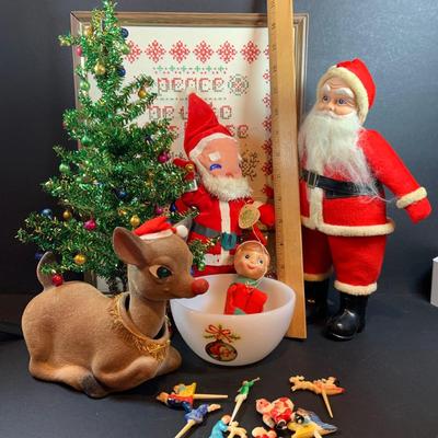LOT 41: Vintage Christmas Collection Including a Knee Hugger Elf, a Doll with a Santa Mask, Bobbing Head Deer, Milk Glass Bowl and Much More